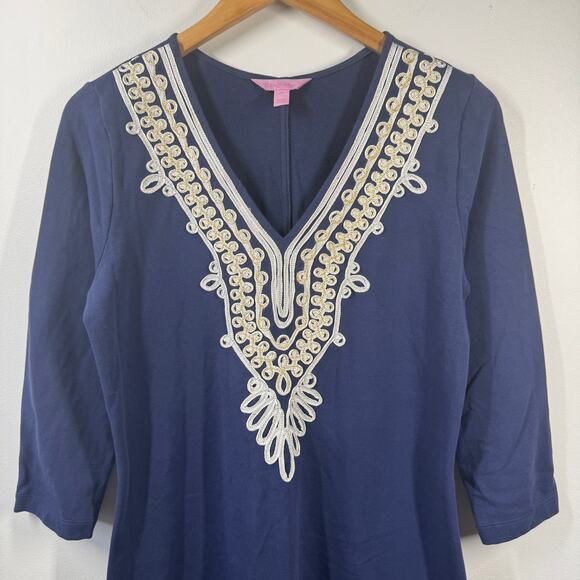 Lilly Pulitzer Dress Women M Blue White Gold Embroidering Shift Modest Preppy - Picture 3 of 8